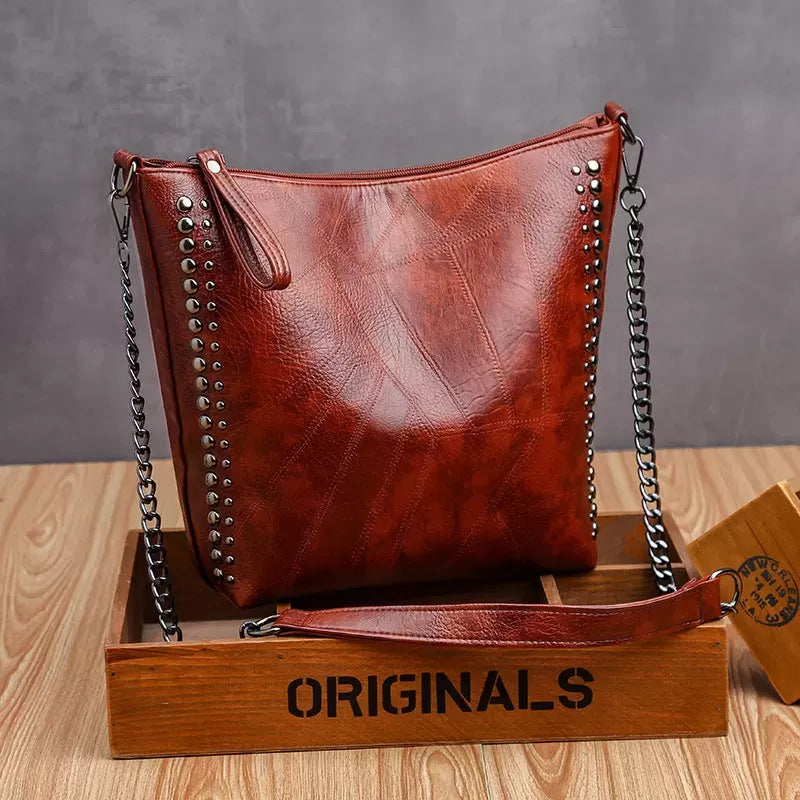 Soft leather studded large capacity crossbody bag