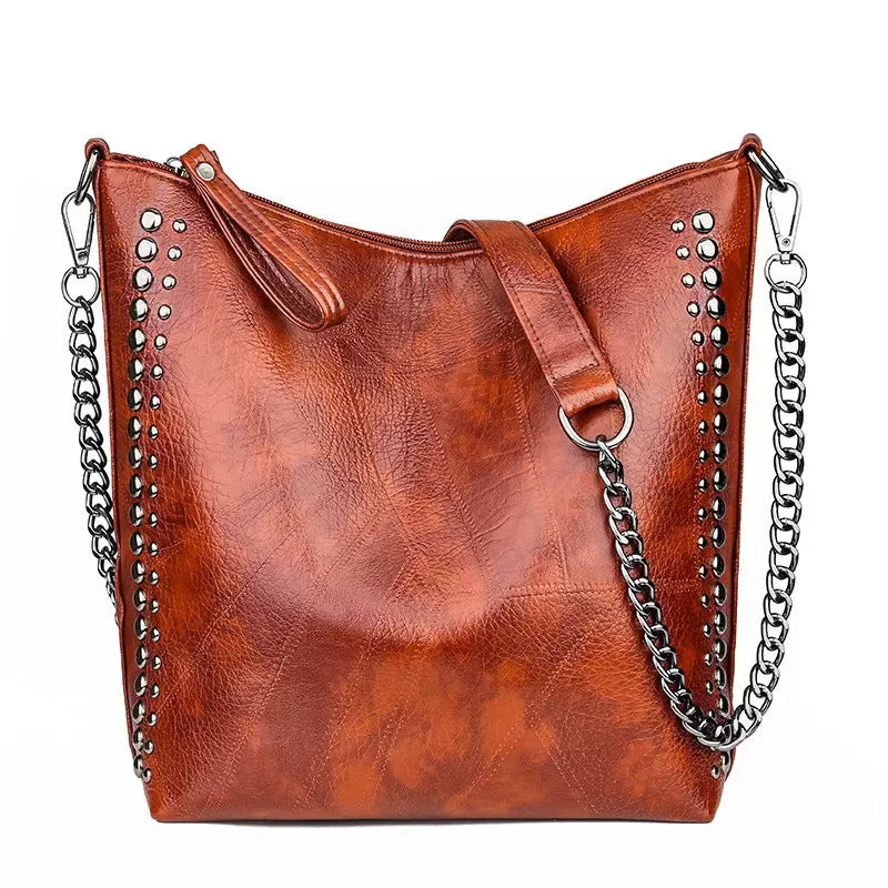 Soft leather studded large capacity crossbody bag