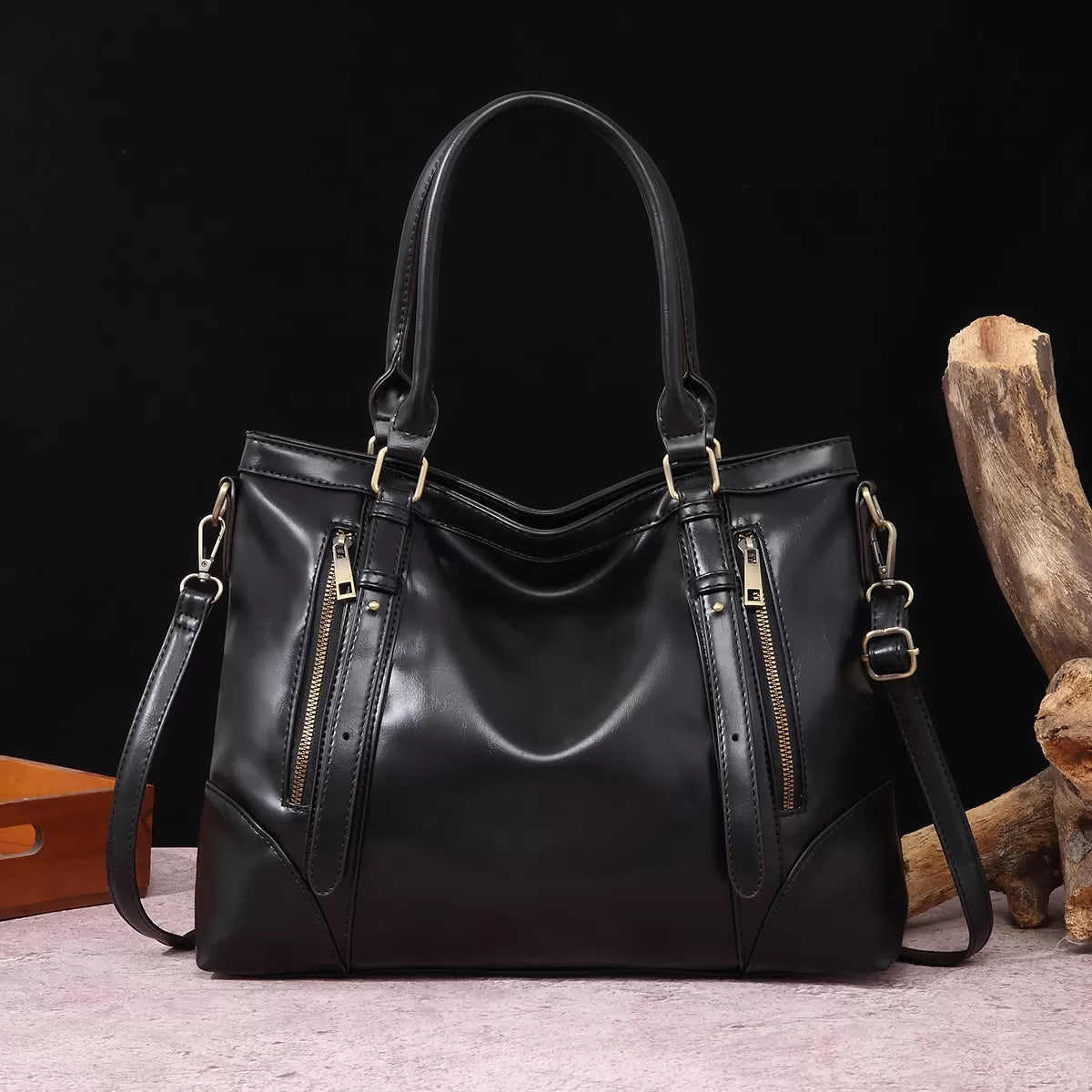 Vintage Leather Zip Tote Bag
