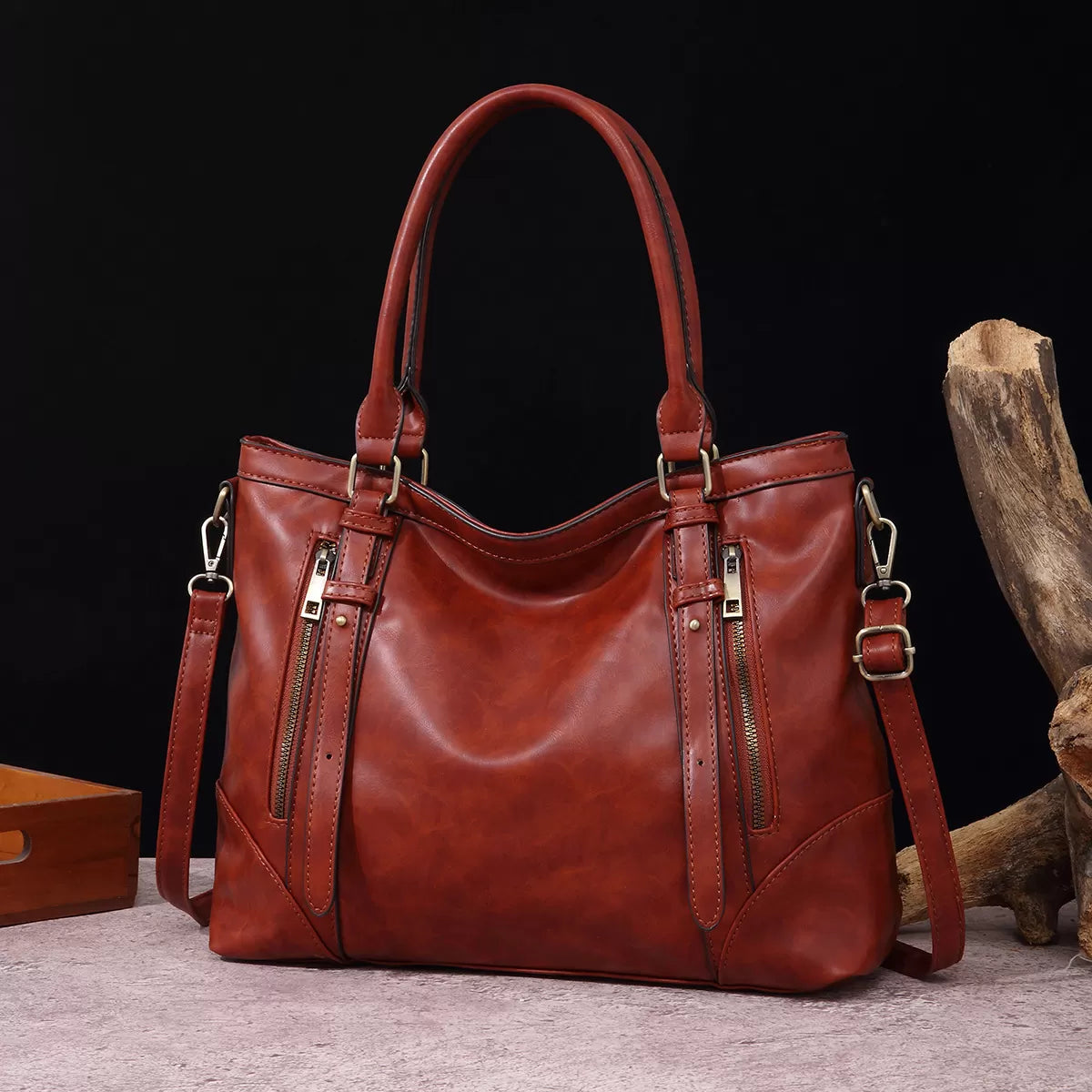 Vintage Leather Zip Tote Bag
