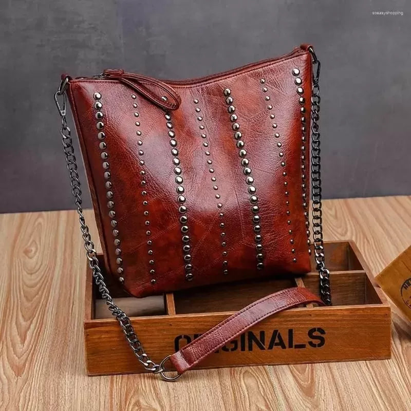Soft leather studded large capacity crossbody bag