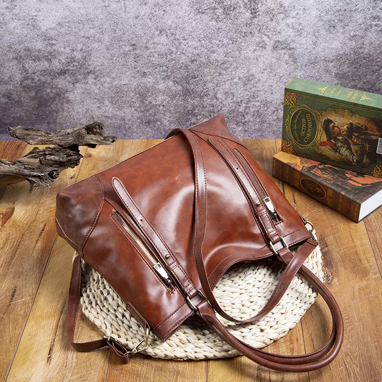 Vintage Leather Zip Tote Bag