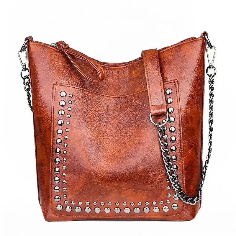 Soft leather studded large capacity crossbody bag