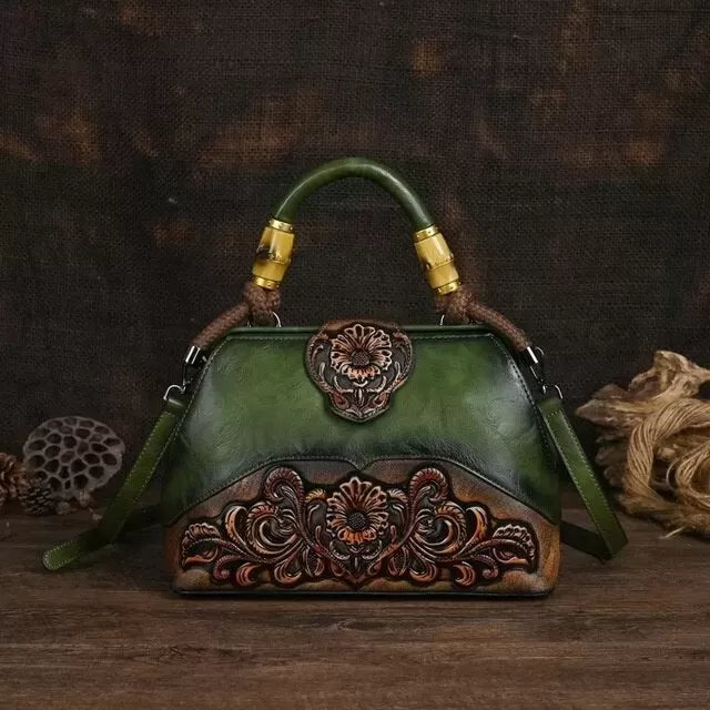 Women Vintage Leather Handmade Carved Bag