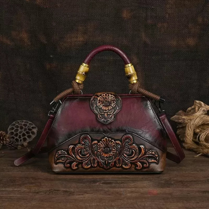 Women Vintage Leather Handmade Carved Bag