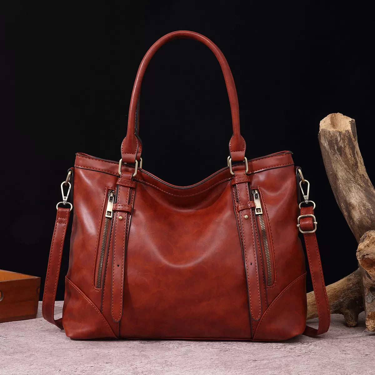 Vintage Leather Zip Tote Bag