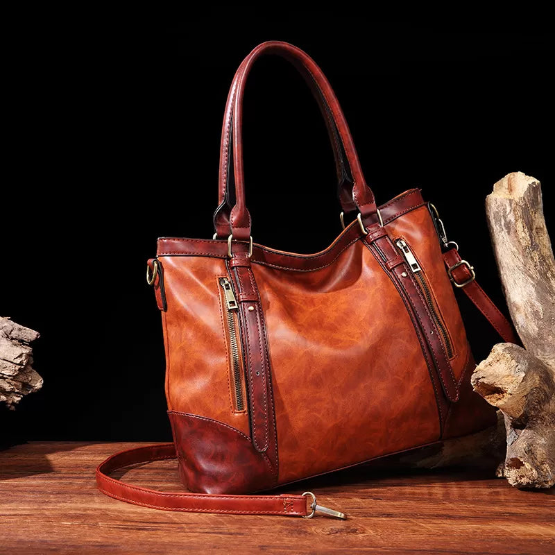 Vintage Leather Zip Tote Bag