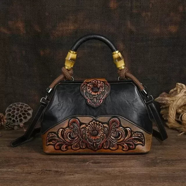 Women Vintage Leather Handmade Carved Bag