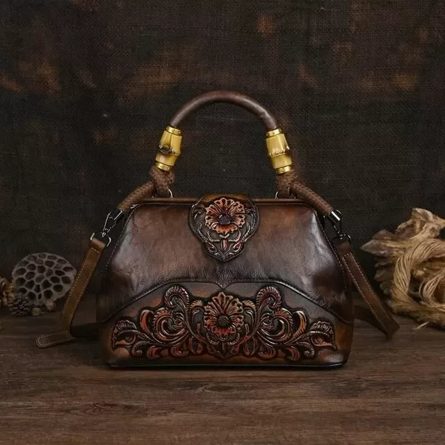 Women Vintage Leather Handmade Carved Bag