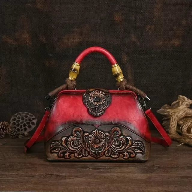 Women Vintage Leather Handmade Carved Bag