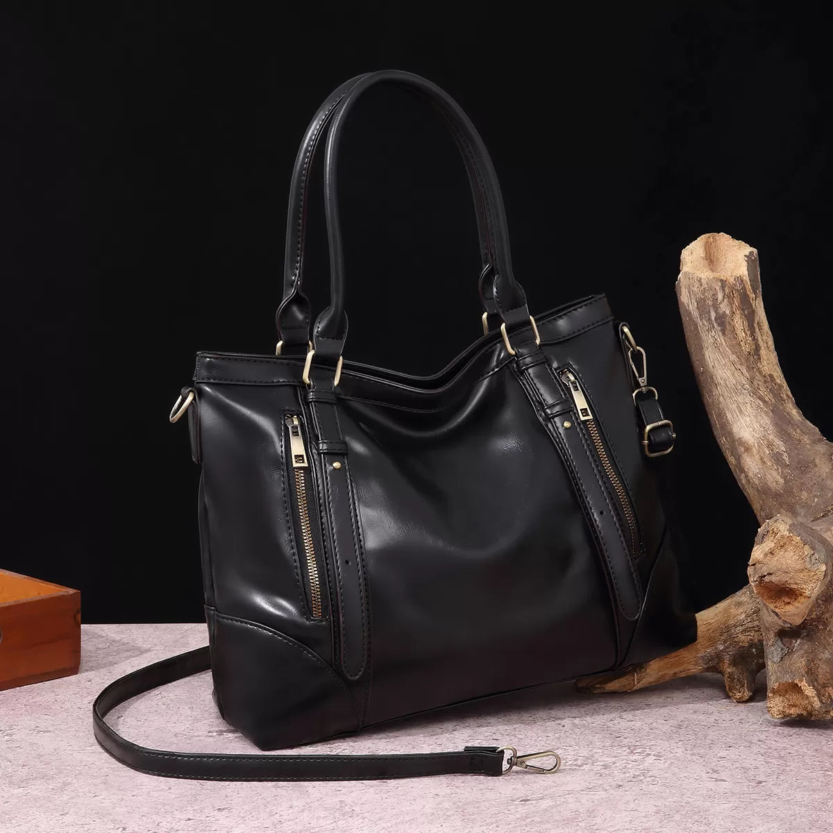 Vintage Leather Zip Tote Bag