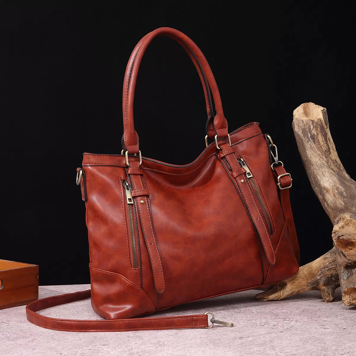 Vintage Leather Zip Tote Bag